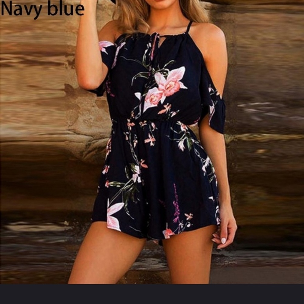 Women Navy Blue Flowered Romper XL